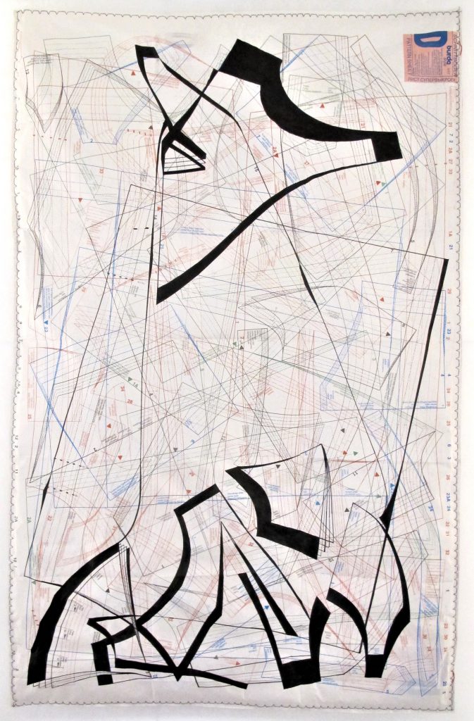 untitled, (patterns of movement I) ca. 80x120cm, ink, sewing thread on sewing paper and fleece